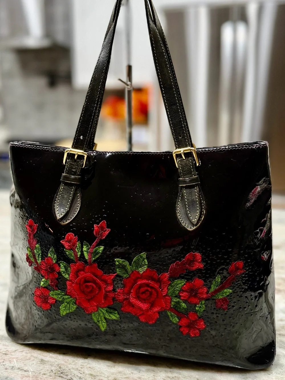 Louis Vuitton Authentic Black Vernis Leather Tote with Custom 3D Red Rose Motif